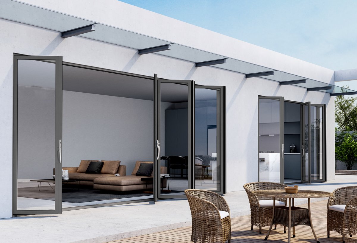 Aluminum bi-fold door folded open to an outdoor terrace