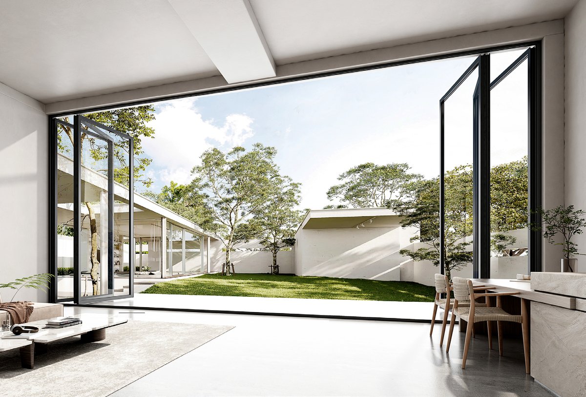 80T aluminum bi-fold door system on a restaurant patio