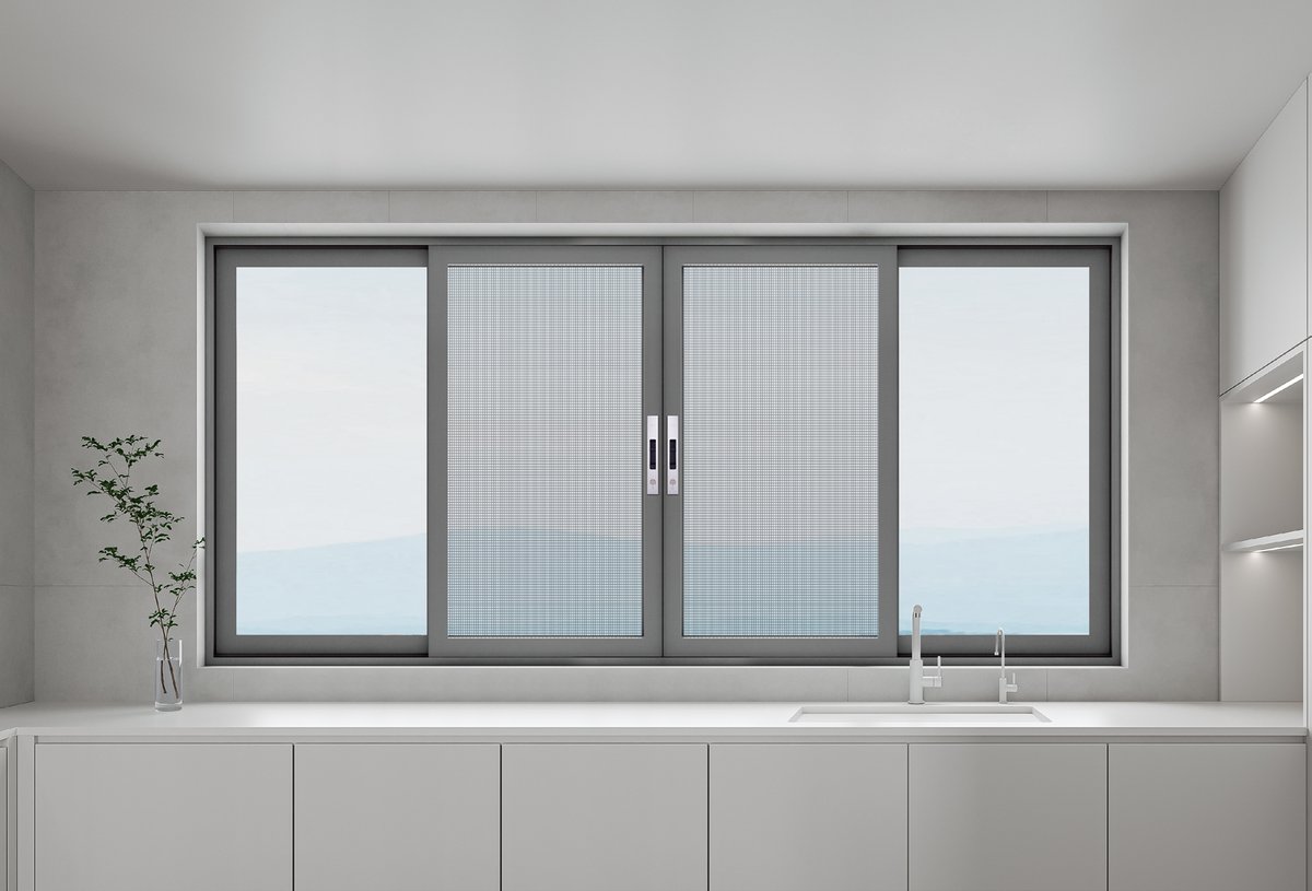 Horizontal aluminum sliding window above a kitchen counter