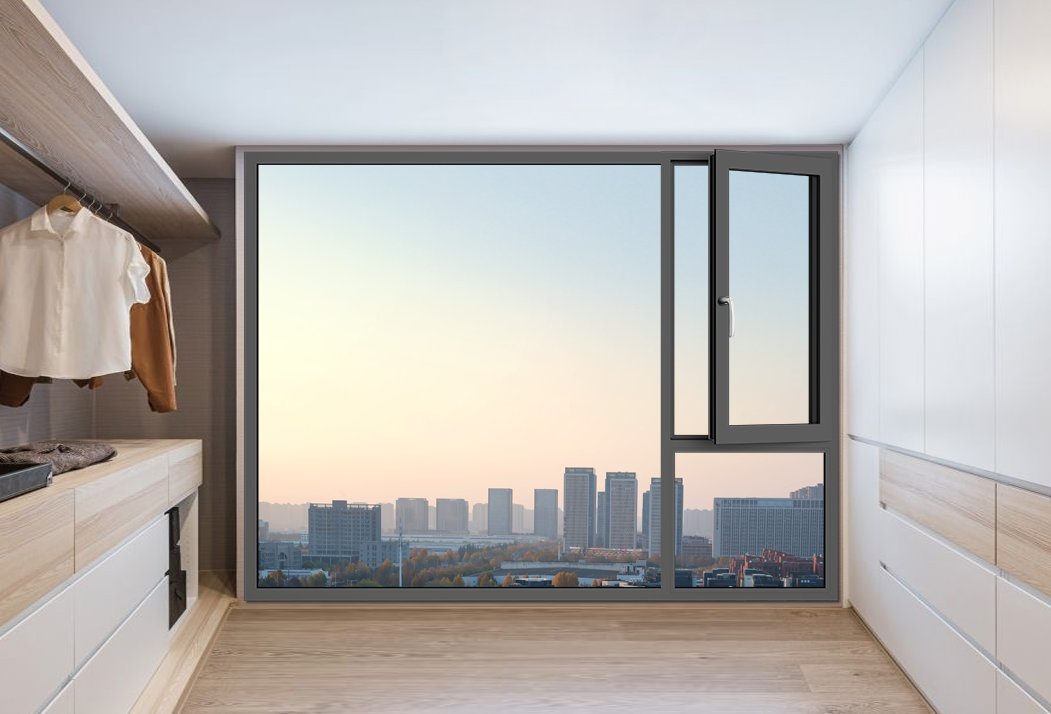 Tilt and turn aluminum window opened inward in a bedroom